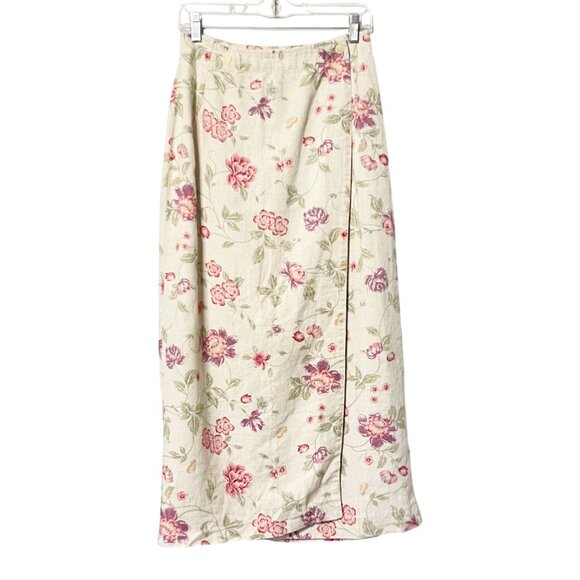 Eddie Bauer Linen Wrap Maxi Skirt Button Tan Flower Red Purple Green Women’s 10 - Picture 1 of 6
